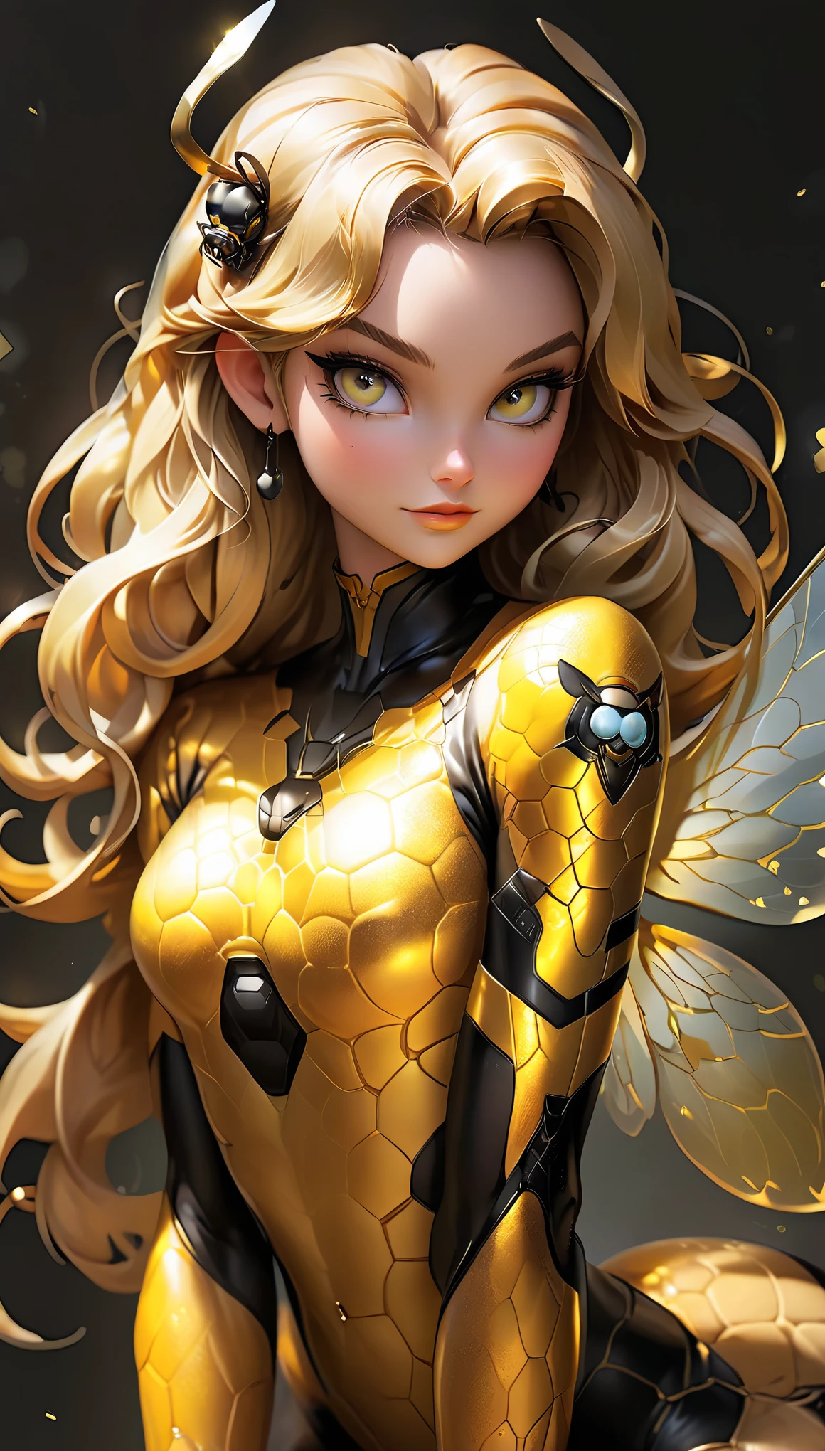 stunning and seductive pin-up style illustration in the spirit of anime, featuring a confident and curvaceous bee-girl with blonde hair and a unique twist. Emphasize her powerful physique, with muscular thighs and a toned abdomen, accentuated by her animal-themed outfit. Her most striking features include her voluminous blonde hair, glowing with golden highlights, and her large, captivating eyes with a hint of honey-like sparkle. Imagine her posing seductively, showcasing her ample assets, including her prominent breasts and thick thighs, while donning a creative blend of bee-inspired attire, perhaps with translucent wings and a playful stinger. The color palette should be warm and inviting, with soft golden hues and pops of amber and yellow, reflecting the essence of honey and sunshine. The lighting should be soft and flattering, creating a dreamy and ethereal atmosphere. This bee-girl embodies both strength and sensuality, captivating viewers with her unique blend of animalistic charm and anime allure."