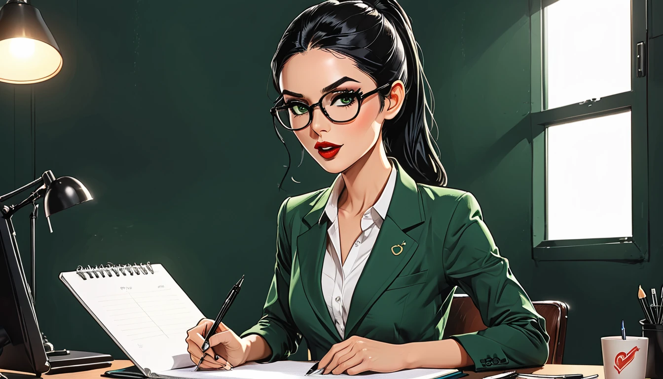 a girl sits in a chair with a notepad and a pen, a hand holds a pen, a girl in a classic dark green suit with round glasses and a white shirt (on a dark office background), (open mouth), (mouth opened), adult, [European], Ectomorph elongated body, slim body, skinny, perfect white skin, Long Diamond type Face, Long slim neck, broad shoulders, long slim thin arms, long fingers on the hands, round forehead, Attached Pointed ears, Long Sleek Straight Ponytail Slicked back black Hair, Hawk long Nose, Upturned Eyes type, Bold Tapered Eyebrows, Angular Narrow Symmetrical Cheekbones, Hollow Cheeks, Square Chin, Square Jawline, Heart Shaped nude Lips, Fine Puppet Wrinkles, (dark green eyes), Cut Crease make up style, Full on Top or Bottom breasts, second breast size, narrow hips, Slim thighs, graphic style of novel comics, perfect hands, 2d, 8k, hyperrealism, masterpiece, high resolution, best quality, ultra-detailed, super realistic, Hyperrealistic art, high-quality, ultra high res, highest detailed, lot of details, Extremely high-resolution details, incredibly lifelike, colourful, soft cinematic light,