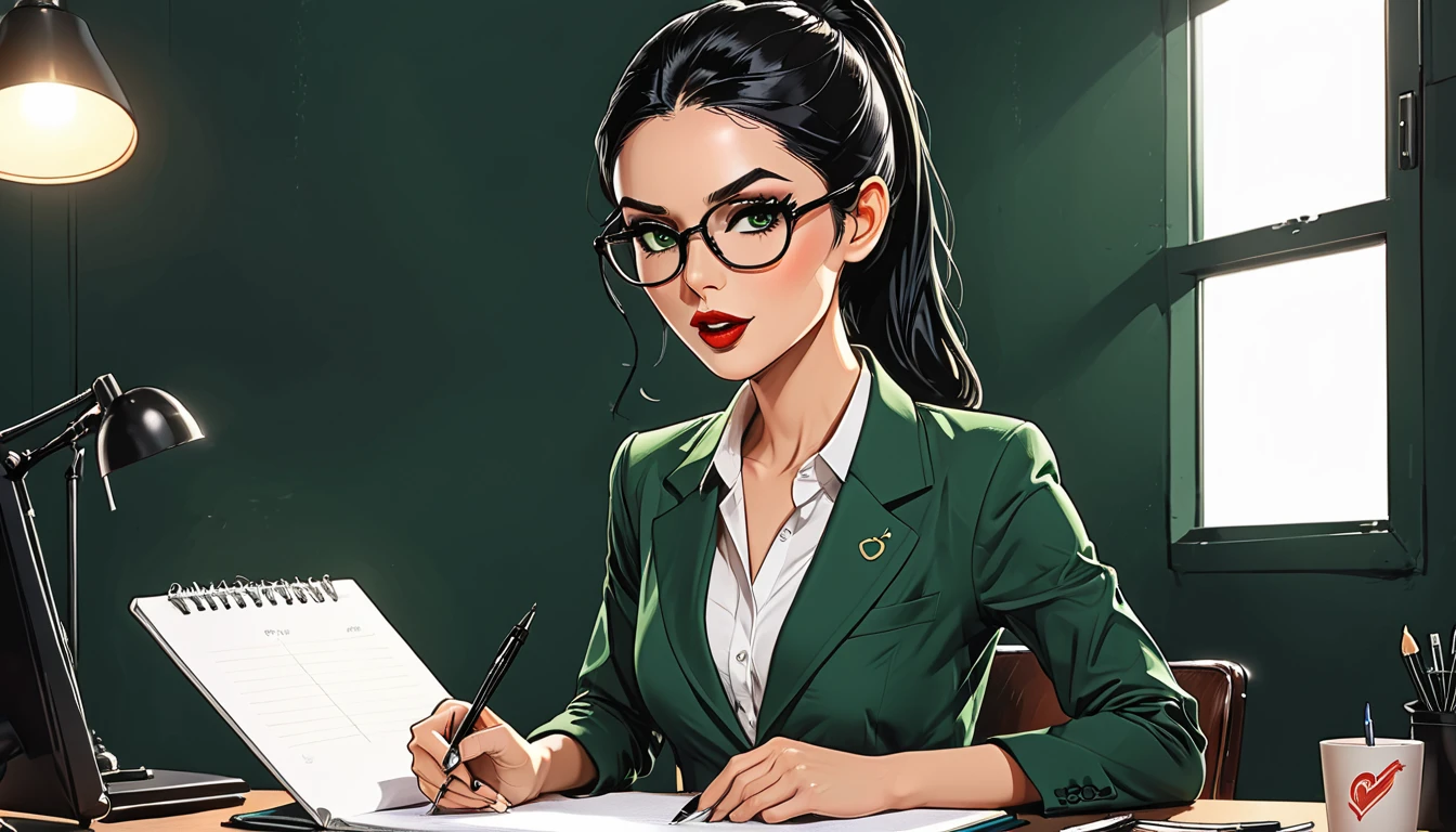 une fille est assise sur une chaise avec un bloc-notes et un stylo, une main tient un stylo, une fille dans un costume vert foncé classique avec des lunettes rondes et une chemise blanche (sur un fond de bureau sombre), (bouche ouverte), (bouche ouverte), adulte, [européen], Corps allongé ectomorphe, Corps mince, maigre, Peau blanche parfaite, Visage long de type diamant, Col long et fin, Épaules larges, bras longs et fins, longs doigts sur les mains, front rond, Oreilles pointues attachées, Queue de cheval longue et lisse, cheveux noirs lissés vers l&#39;arrière, Faucon à long nez, Type yeux tournés vers le haut, Sourcils effilés audacieux, Pommettes symétriques étroites et angulaires, joues creuses, Menton carré, mâchoire carrée, Lèvres nues en forme de coeur, Fines rides de marionnettes, (yeux vert foncé), Style de maquillage Cut Crease, Plein sur les seins en haut ou en bas, Deuxième taille de poitrine, Hanches étroites, cuisses fines, style graphique des bandes dessinées, des mains parfaites, 2j, 8k, Hyperréalisme, chef-d&#39;œuvre, haute résolution, Meilleure qualité, ultra-détaillé, super réaliste, Art hyperréaliste, haute qualité, ultra haute résolution, le plus détaillé, beaucoup de détails, détails extrêmement haute résolution, incroyablement réaliste, coloré, lumière douce et cinématographique,