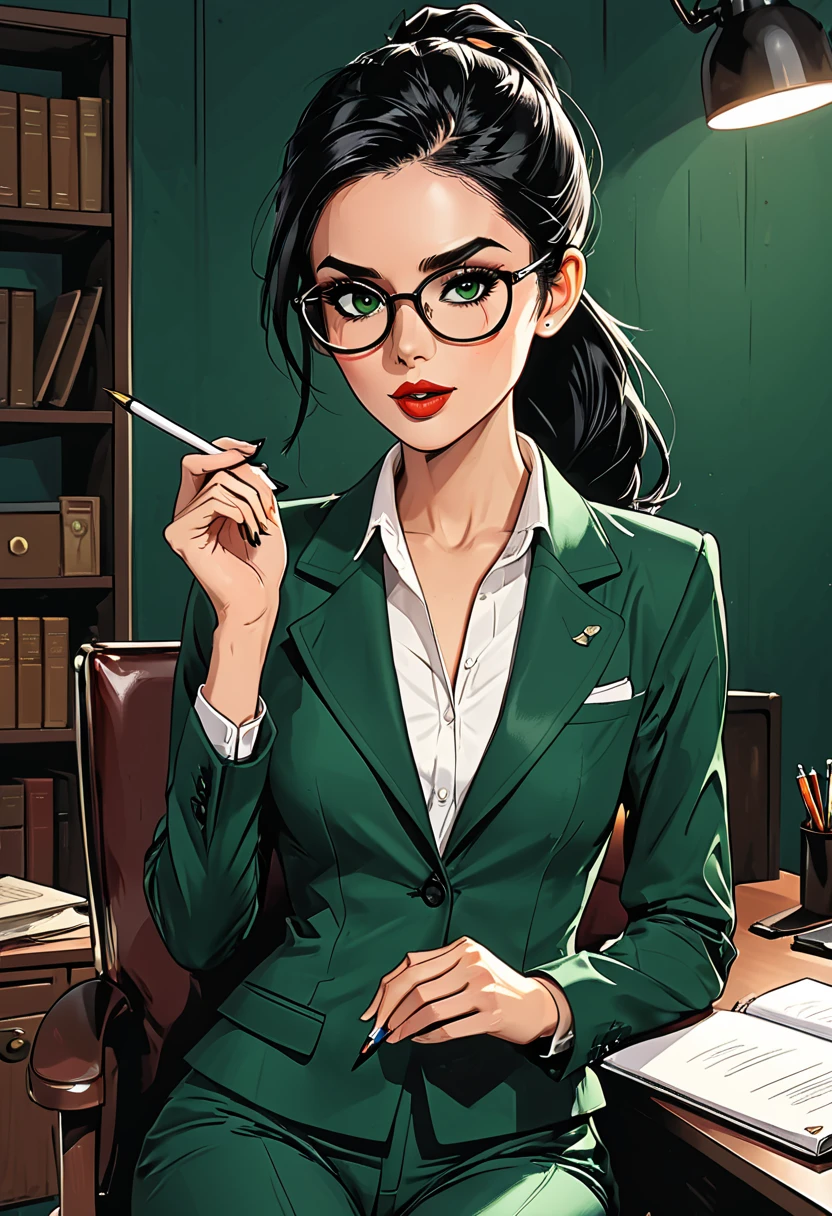 a girl sits in a chair with a notepad and a pen, a hand holds a pen, a girl in a classic dark green suit with round glasses and a white shirt (on a dark office background), (open mouth), (mouth opened), adult, [European], Ectomorph elongated body, slim body, skinny, perfect white skin, Long Diamond type Face, Long slim neck, broad shoulders, long slim thin arms, long fingers on the hands, round forehead, Attached Pointed ears, Long Sleek Straight Ponytail Slicked back black Hair, Hawk long Nose, Upturned Eyes type, Bold Tapered Eyebrows, Angular Narrow Symmetrical Cheekbones, Hollow Cheeks, Square Chin, Square Jawline, Heart Shaped nude Lips, Fine Puppet Wrinkles, (dark green eyes), Cut Crease make up style, Full on Top or Bottom breasts, second breast size, narrow hips, Slim thighs, graphic style of novel comics, perfect hands, 2d, 8k, hyperrealism, masterpiece, high resolution, best quality, ultra-detailed, super realistic, Hyperrealistic art, high-quality, ultra high res, highest detailed, lot of details, Extremely high-resolution details, incredibly lifelike, colourful, soft cinematic light,