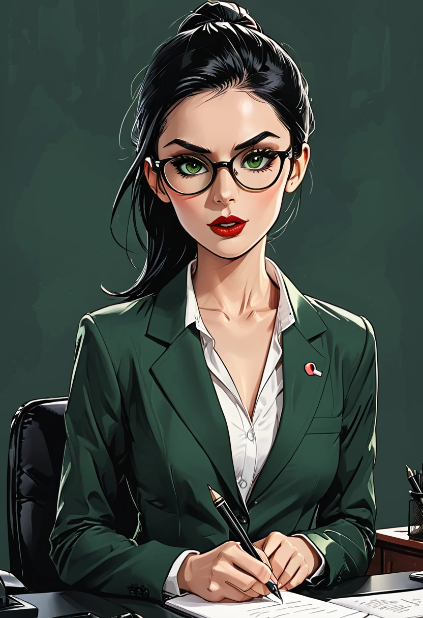 a girl sits in a chair with a notepad and a pen, a hand holds a pen, a girl in a classic dark green suit with round glasses and a white shirt (on a dark office background), (open mouth), (mouth opened), adult, [European], Ectomorph elongated body, slim body, skinny, perfect white skin, Long Diamond type Face, Long slim neck, broad shoulders, long slim thin arms, long fingers on the hands, round forehead, Attached Pointed ears, Long Sleek Straight Ponytail Slicked back black Hair, Hawk long Nose, Upturned Eyes type, Bold Tapered Eyebrows, Angular Narrow Symmetrical Cheekbones, Hollow Cheeks, Square Chin, Square Jawline, Heart Shaped nude Lips, Fine Puppet Wrinkles, (dark green eyes), Cut Crease make up style, Full on Top or Bottom breasts, second breast size, narrow hips, Slim thighs, graphic style of novel comics, perfect hands, 2d, 8k, hyperrealism, masterpiece, high resolution, best quality, ultra-detailed, super realistic, Hyperrealistic art, high-quality, ultra high res, highest detailed, lot of details, Extremely high-resolution details, incredibly lifelike, colourful, soft cinematic light,