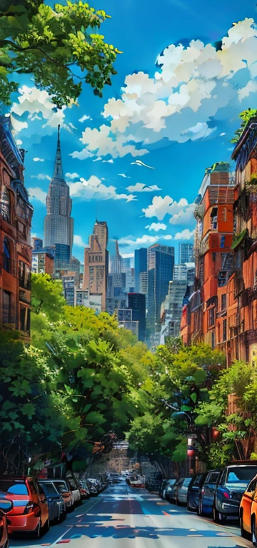 Oil painting depicting a city street，Cars and buildings in the background, beautiful cityscape, beautiful city, New York City, city of original colors, new york in the future, beautiful city of the future, Colorful city, new york streets, The streets of New York, skyscrapers with greenery, Daytime city view, City background, There are green plants everywhere in the city