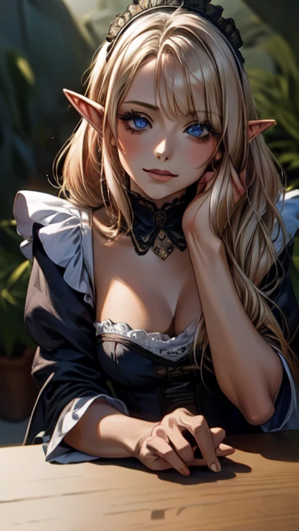 ((masterpiece )), (top quality), (best quality), ((ultra-detailed, 8k quality)), Aesthetics, volumetric lighting, (detailed line art), BREAK, highly detailed of (elf), (1girl), perfect face, details eye, double pigtails hair, Blunt bangs, (hair between eye), white hair, blue eyes, eyelashes, eyeshadow, pink eyeshadow, light smile, design art by Artgerm, by Kawacy, By Yoshitaka Amano, BREAK, portrait, frensh maid in a frensh maid outfit, victorian goth maid, headdress, indoors, ((antique victorian mansion)), dusty, dimly lit, candleholders, covered in cobwebs, cowboy shot, dynamic angle, side table, dangling her feet, sleepy eyes, tired expression, utmost boredom, looking at viewer, rests her chin on her hand, (graphic background, (plain background)), correct anatomy, amano yoshitaka, webbedtech, fuzzy organic webs, eroguronansensu, horror, Goat, gothic artstyle, BREAK, ((perfect anatomy)), nice body, medium breast, extremely detailed finger, best hands, perfect face, beautiful face, beautiful eyes, perfect eyes, perfect fingers,