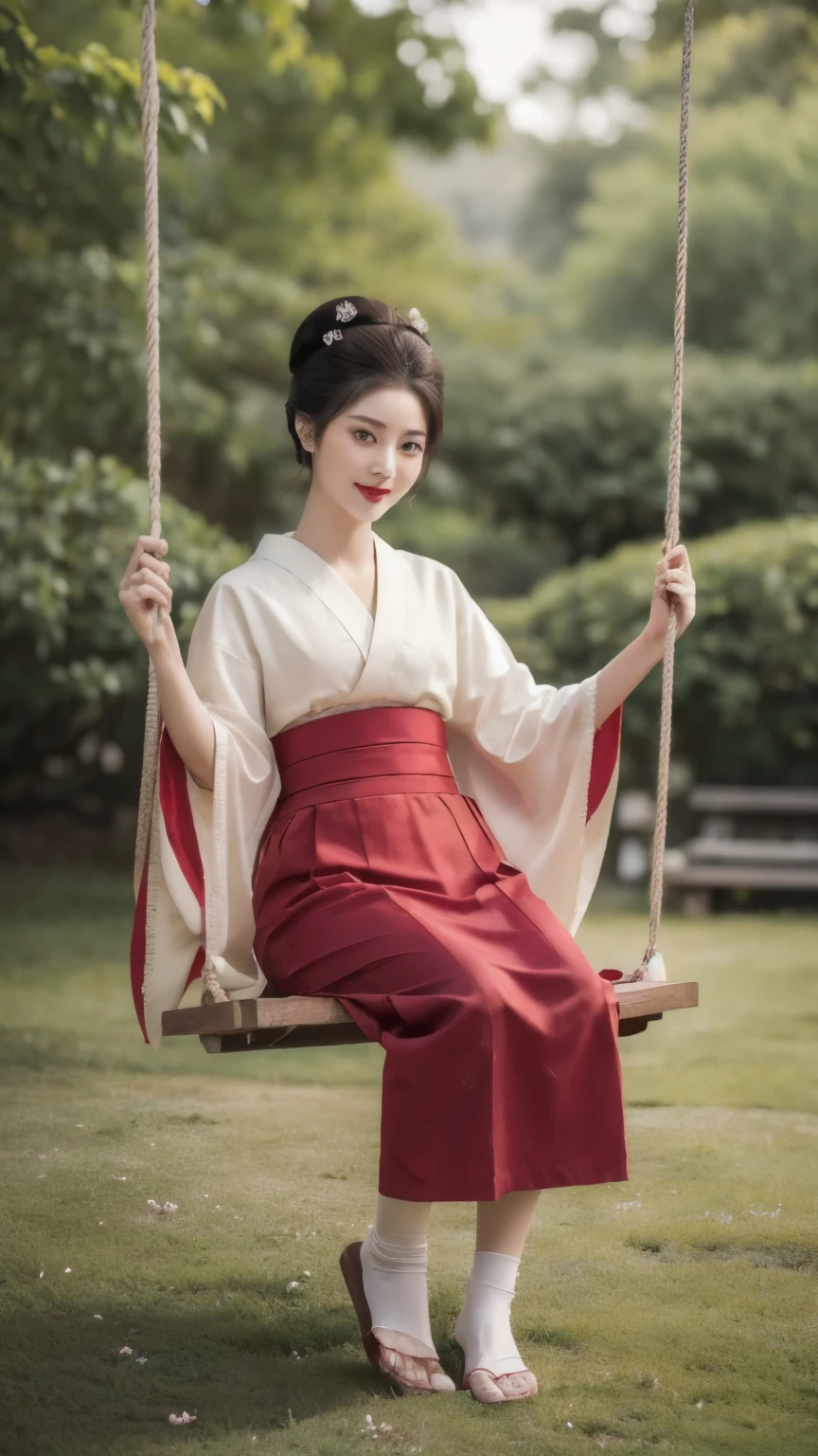 ((Top quality, 8k, Masterpiece: 1.3)), Sharp focus :1.2,   ((Body slim thin captivating. long eyelashes,   highly detailed lips,   detailed eyes,   double eyelid,   Make-up face.  Red lipstick.  hair accessories,  hair Bun,  elegance,    enchanting,

((Beautiful Japanese Geisha)),  ((long skirt. Red kimomo)),

sock. flip-flops, Long legs_full body.     cheerful. Sit down.     on the swing.    page.    trees.     flower.    beautiful view