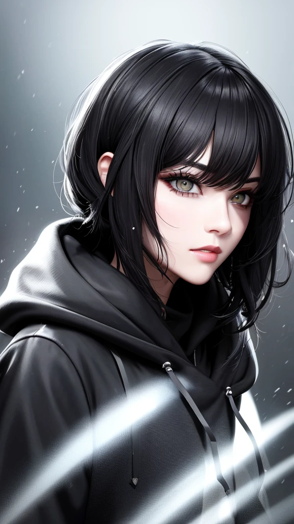 ((best quality)), ((masterpiece)), (detailed), perfect face, short wavy black hair color, sharp eyes, dark black eyeballs, cyberpunk masker, black hoodie color, profile picture, dark light background. 