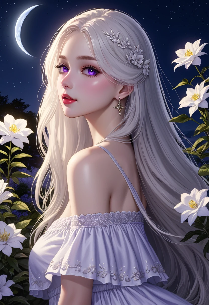 (highest quality,4K,8k,High resolution,masterpiece:1.2),Very detailed,(Realistic,photoRealistic,photo-Realistic:1.37),oil,Beautiful fine details,beautiful lip detail,Long eyelashes,Purple eyes,Girl with long white hair,Blushing,wearing crop tops and skirts,Night view,moonlight,Flowers,Shining Eyes,sunlight