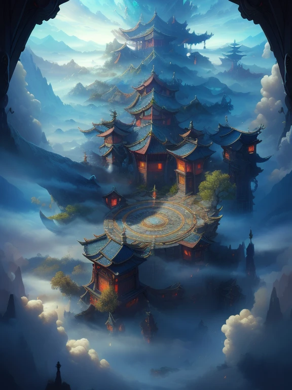 obra de arte,alta resolução,mapa gufeng, grande edifício,aura,Nuvens e névoa rodopiavam