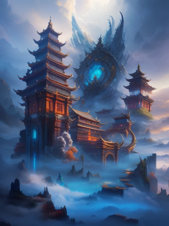 obra de arte,alta resolução,mapa gufeng, grande edifício,aura,Nuvens e névoa rodopiavam