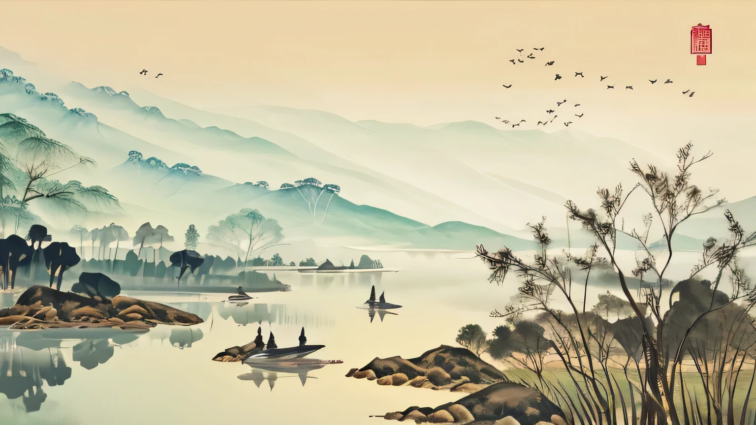 Grass green landscape painting，There are cranes，Light tones，Chinese Ink Painting