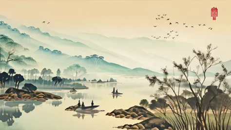 grass green landscape painting，there are cranes，light tones，chinese ink painting