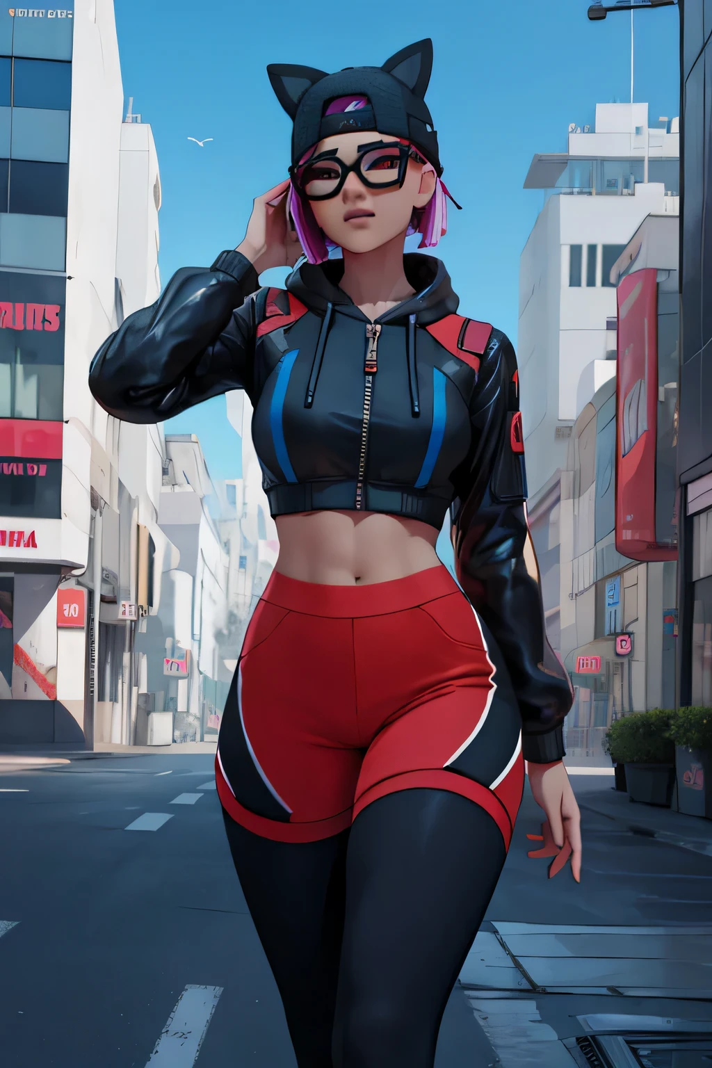Cyberpunk lynx suit, evening, spikes bracelet,winter hat , black shorts with blue black leggings ,dark blue jacket ,extremely detailed, Detailed face, glasses ,beautiful face, fine eyes, looking at the viewer, feminine pose.
