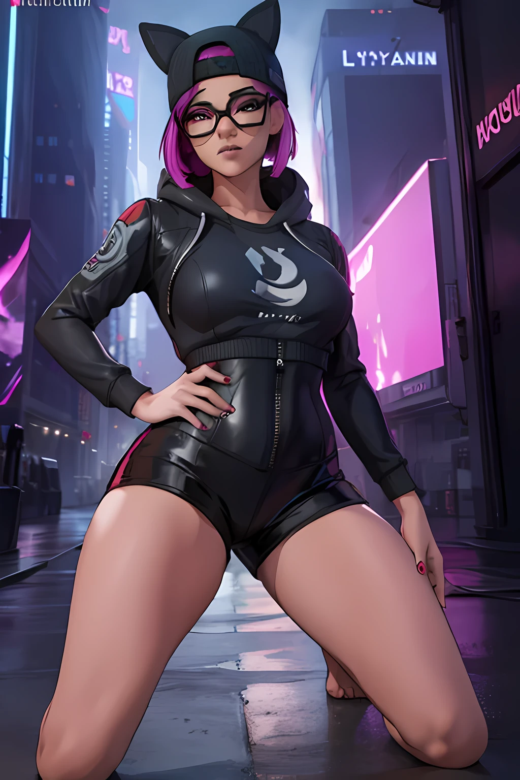  lynx Cyberpunk, evening, spikes bracelet,winter hat , black shorts with blue black leggings ,dark blue jacket ,extremely detailed, Detailed face, glasses ,beautiful face, fine eyes, looking at the viewer, feminine pose.