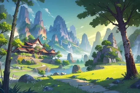 concept art、hand painted、scenery、landscape、outdoor、architecture、东亚architecture、nature、grass、mountain、forest、plant、leaf、masterpie...