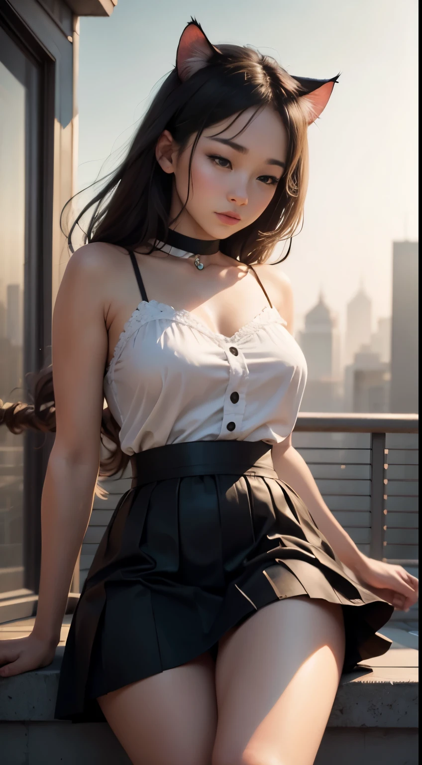 ((cats)),Outdoor on the roof,ultra high res, 1girl dance , solo, atmospheric perspective,realistic, angle of view,relaxed look,laziness,black skirt,cat on shoulder,pov ,portrait,lovely cats,girl dance with cats,Masterpiece,Best quality,8K,Realistic,1girl,Solo,dream