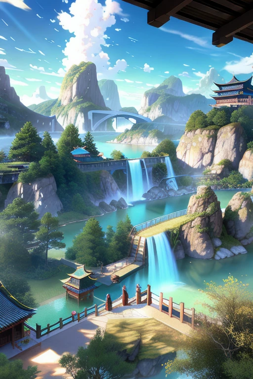 Chinese 建築, シーン, 水fall, 風景, 水, 屋外, 建築, 空, 空, 木, 一人で, East Asian 建築, 雲, 橋