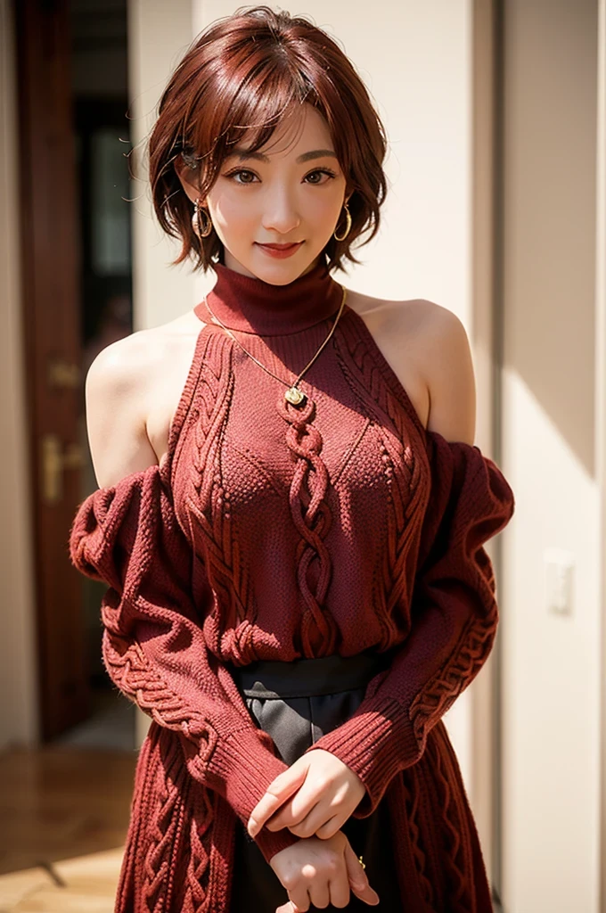 (red lips:1.4), full body, (turtleneck cable knit oversize sweater dress:1.2), , 1girl,solo,
(8k, RAW photo, best quality, masterpiece:1.3),(realistic, photo-realistic:1.37),realistic skin texture,(photorealistic:1.3),(hyperrealistic:1.2), (short hair:1.4) , seducting pose, (red colored clothes:1.7), (red hair:1.7), (seducting smile:1.4), (detached sleeves:1.4), (cheek dimples:1.4), (narrow shoulders:1.7), earrings, golden necklace, 