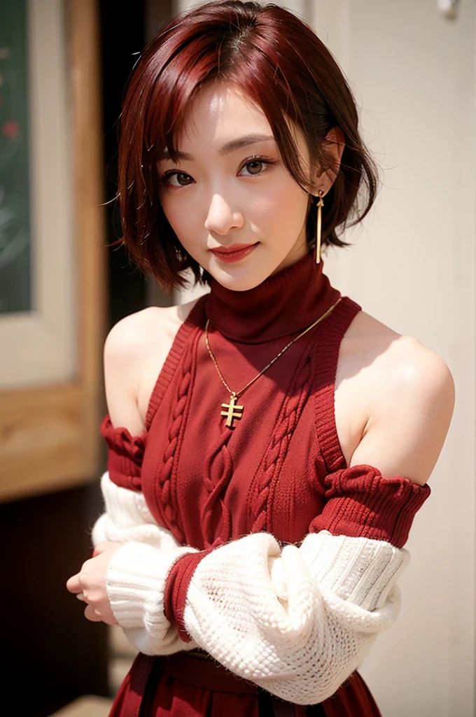(red lips:1.4), full body, (turtleneck cable knit oversize sweater dress:1.2), , 1girl,solo,
(8k, RAW photo, best quality, masterpiece:1.3),(realistic, photo-realistic:1.37),realistic skin texture,(photorealistic:1.3),(hyperrealistic:1.2), (short hair:1.4) , seducting pose, (red colored clothes:1.7), (red hair:1.7), (seducting smile:1.4), (detached sleeves:1.4), (cheek dimples:1.4), (narrow shoulders:1.7), earrings, golden necklace, 