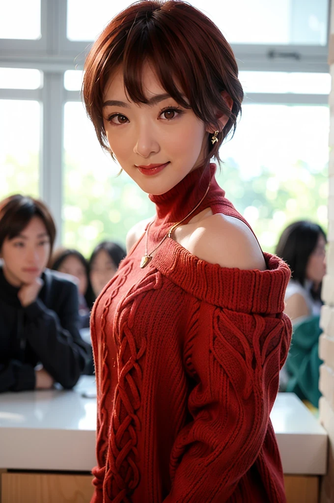 (red lips:1.4), full body, (turtleneck cable knit oversize sweater dress:1.2), , 1girl,solo,
(8k, RAW photo, best quality, masterpiece:1.3),(realistic, photo-realistic:1.37),realistic skin texture,(photorealistic:1.3),(hyperrealistic:1.2), (short hair:1.4) , seducting pose, (red colored clothes:1.7), (red hair:1.7), (seducting smile:1.4), (detached sleeves:1.4), (cheek dimples:1.4), (narrow shoulders:1.7), earrings, golden necklace, 