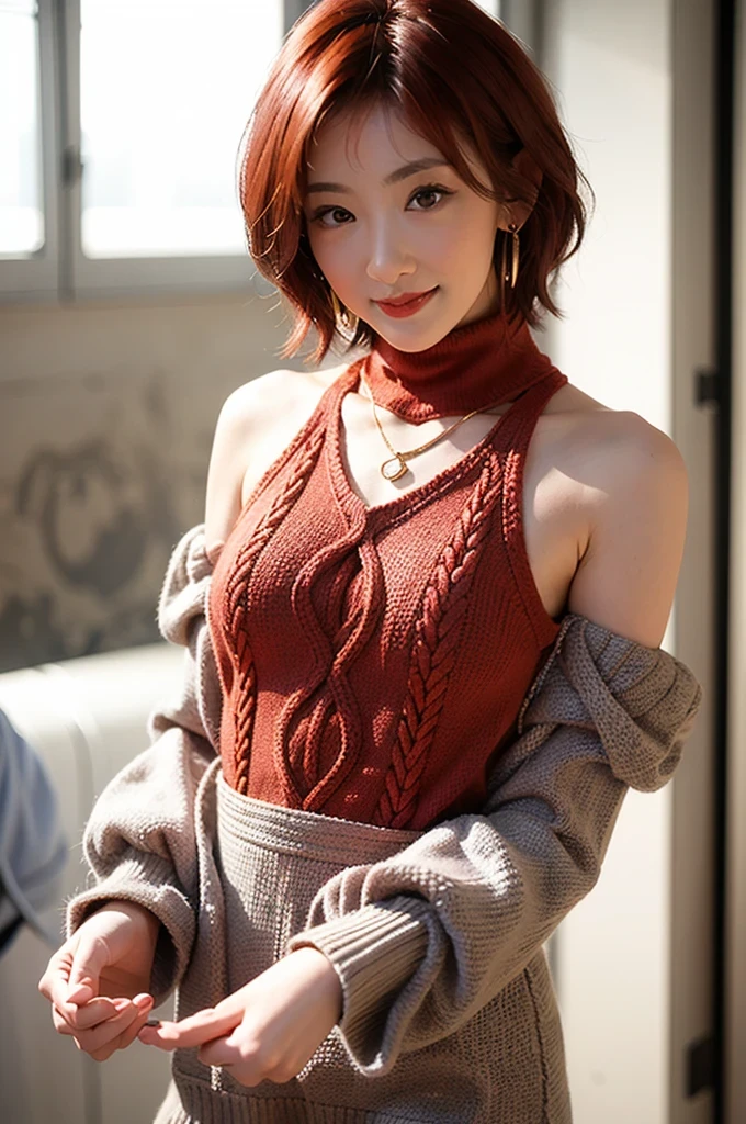 (red lips:1.4), full body, (turtleneck cable knit oversize sweater dress:1.2), , 1girl,solo,
(8k, RAW photo, best quality, masterpiece:1.3),(realistic, photo-realistic:1.37),realistic skin texture,(photorealistic:1.3),(hyperrealistic:1.2), (short hair:1.4) , seducting pose, (red colored clothes:1.7), (red hair:1.7), (seducting smile:1.4), (detached sleeves:1.4), (cheek dimples:1.4), (narrow shoulders:1.7), earrings, golden necklace, 