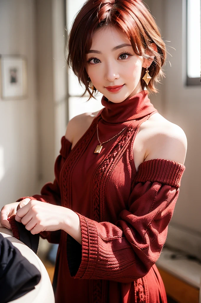 (red lips:1.4), full body, (turtleneck cable knit oversize sweater dress:1.2), , 1girl,solo,
(8k, RAW photo, best quality, masterpiece:1.3),(realistic, photo-realistic:1.37),realistic skin texture,(photorealistic:1.3),(hyperrealistic:1.2), (short hair:1.4) , seducting pose, (red colored clothes:1.7), (red hair:1.7), (seducting smile:1.4), (detached sleeves:1.4), (cheek dimples:1.4), (narrow shoulders:1.7), earrings, golden necklace, 