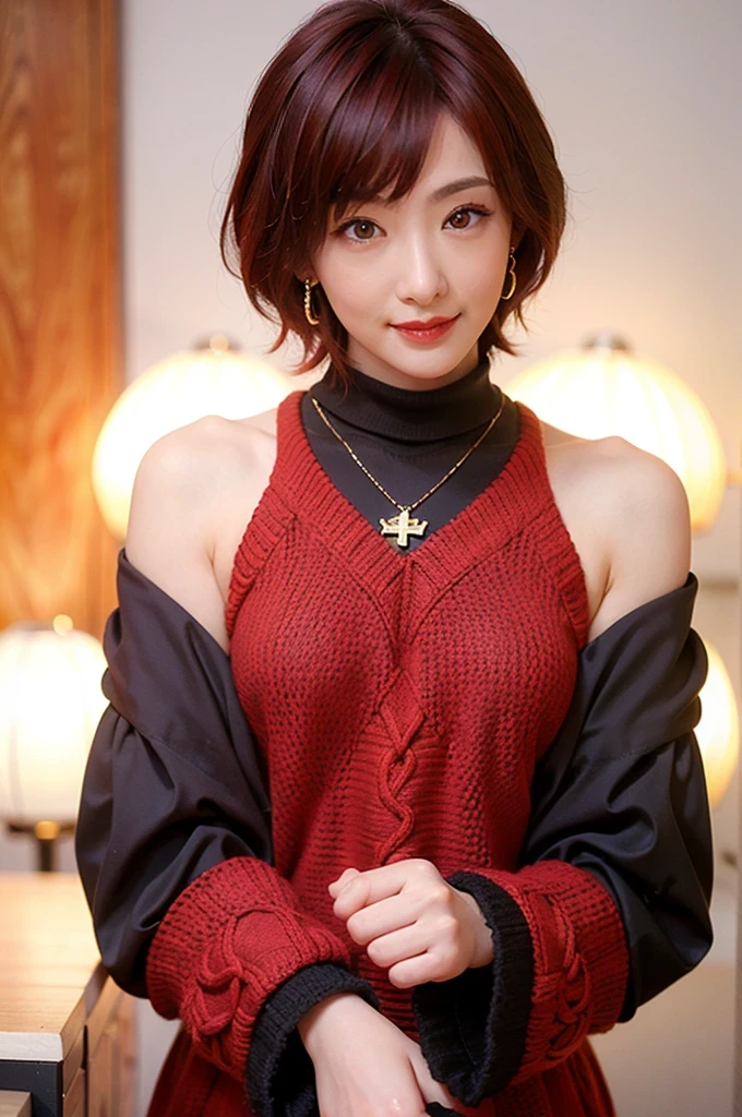 (red lips:1.4), full body, (turtleneck cable knit oversize sweater dress:1.2), , 1girl,solo,
(8k, RAW photo, best quality, masterpiece:1.3),(realistic, photo-realistic:1.37),realistic skin texture,(photorealistic:1.3),(hyperrealistic:1.2), (short hair:1.4) , seducting pose, (red colored clothes:1.7), (red hair:1.7), (seducting smile:1.4), (detached sleeves:1.4), (cheek dimples:1.4), (narrow shoulders:1.7), earrings, golden necklace, 