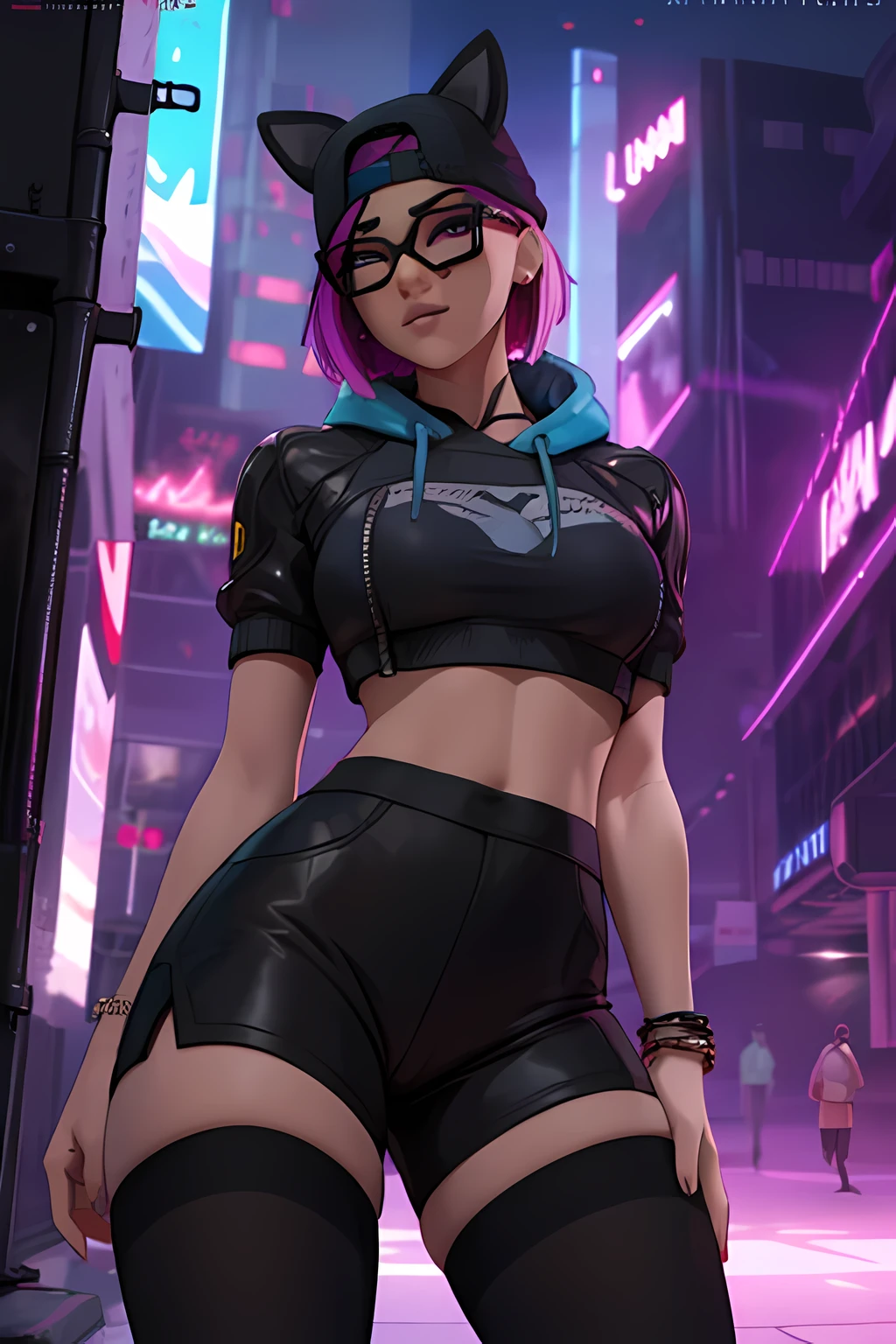 😻 lynx Cyberpunk, evening, spikes bracelet,cap , black shorts with blue black leggings ,dark blue jacket ,extremely detailed, Detailed face, glasses ,beautiful face, fine eyes, looking at the viewer, feminine pose