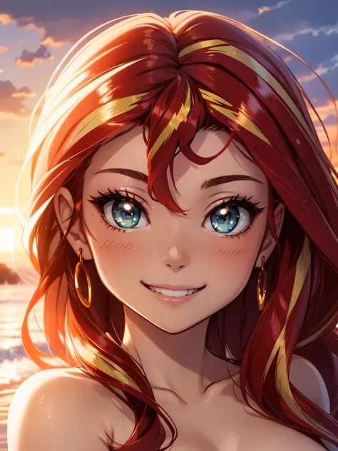 close up on sunset shimmer's face, cute smile, perfect face, naked, teeth