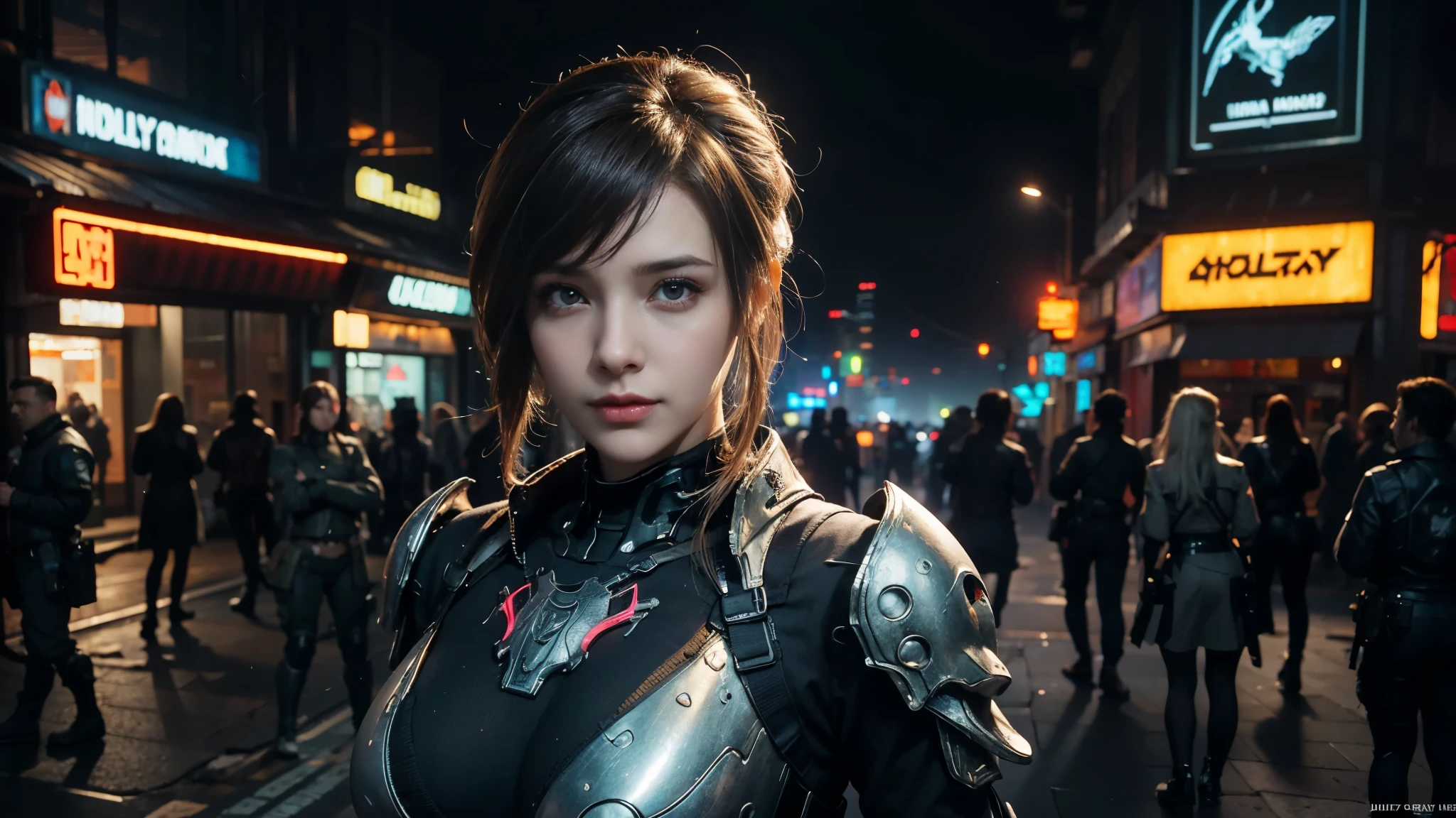 masterpiece,best quality,high resolution,8k,(Portrait Photos:1.5),(R Original Photo),real picture,Digital Photography,(Combination of cyberpunk and fantasy style),(individual),Female Soldiers,Random Hairstyle,Cyberpunk City，street，By Bangs, Accessories,Closed mouth,Elegant and charming,Serious and arrogant,Calm and handsome,(Cyberpunk combined with fantasy style clothing）,hollow-carved design,Large Breasts，Joint Armor,Photo poses,Realistic style,oc render reflection texture，，futuristic city，Medium distance photography