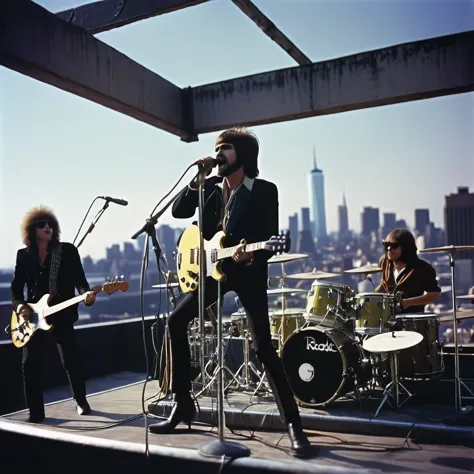 best quality, ultra-detailed, (photorealistic), The Rooftop Performance, by Rock band, 1969, depth of field, film grain, 