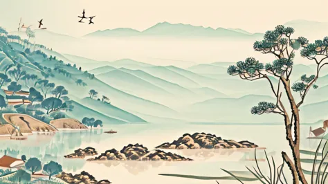 grass green landscape painting，color，there are cranes，light tones，chinese ink painting，chinese style