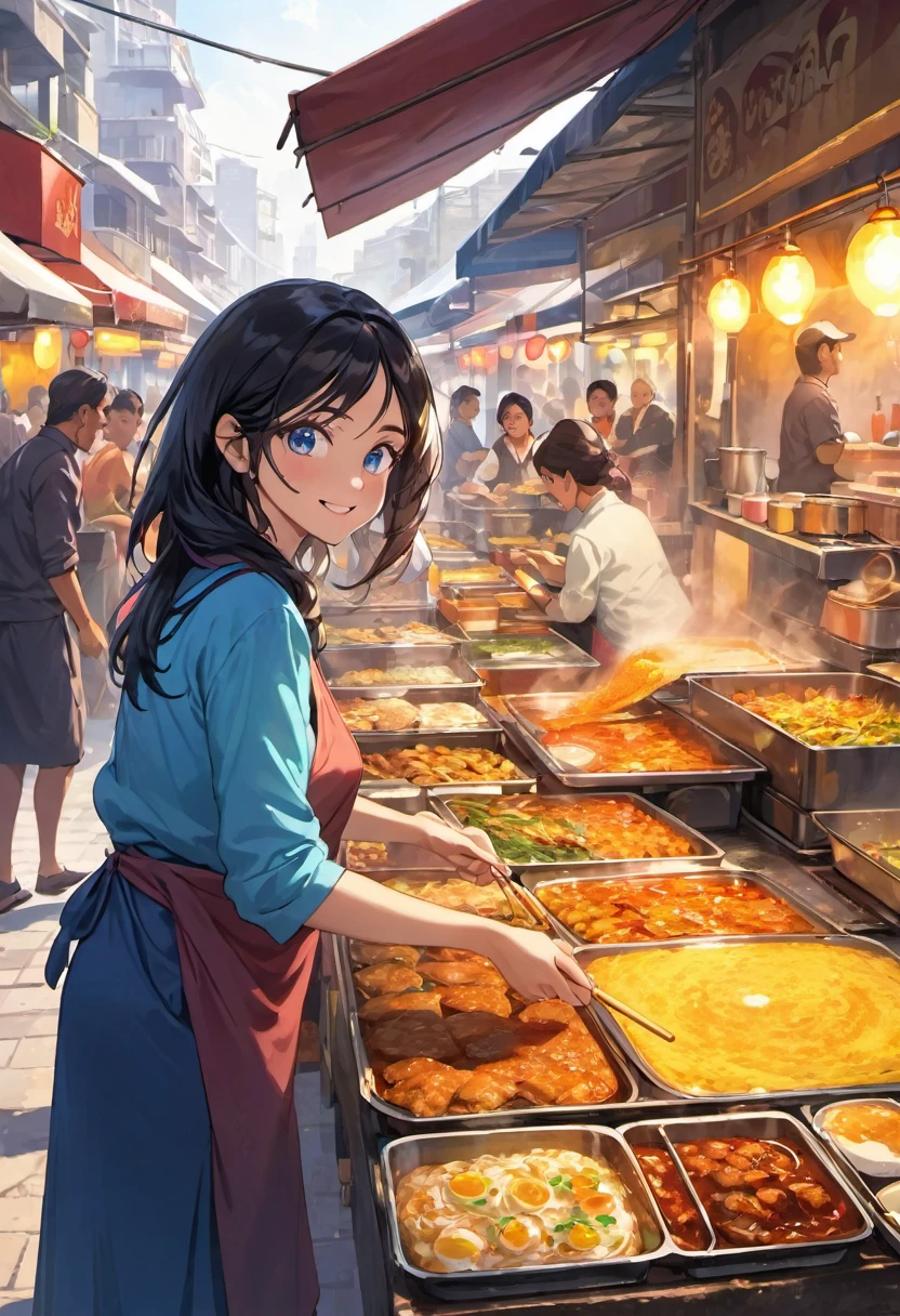 (best quality,4k,8k,highres,masterpiece:1.2), extremely detailed eyes and face, detailed smile and lips, beautiful hair, a mother with black hair and blue eyes, at a street food stall, during the daytime, bustling environment, delicious aroma of food, colorful food displays, happy customers, vibrant street market, summer clothes, straw hat, food stalls with various cuisines, lively atmosphere, sunlight filtering through the trees, mouthwatering street snacks, hurried movements of the mother serving customers, laughter and chatter, a constant flow of people, busy hands preparing food, delicious flavors filling the air, a sense of community and togetherness, satisfied expressions on the customers' faces, a joyful energy in the air, the sound of sizzling and frying, tantalizing smells wafting through the stall, a lively and bustling street scene, tempting street food options, vibrant colors of fresh ingredients, the mother's skillful cooking techniques, the sound of coins exchanging hands.