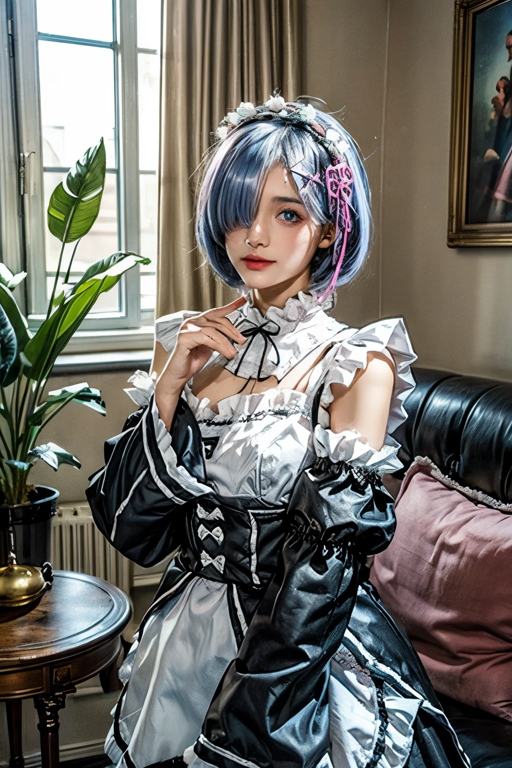 R_and_Meters, One girl,(Beautiful Face:1.25) Blue Short Hair, blue eyes, Hair on one eye, hair ornaments, pink hair ribbon, Rem&#39;s maid outfit, Removable sleeves,  Upper Body, Are standing,indoor, living room, sofa, table, window