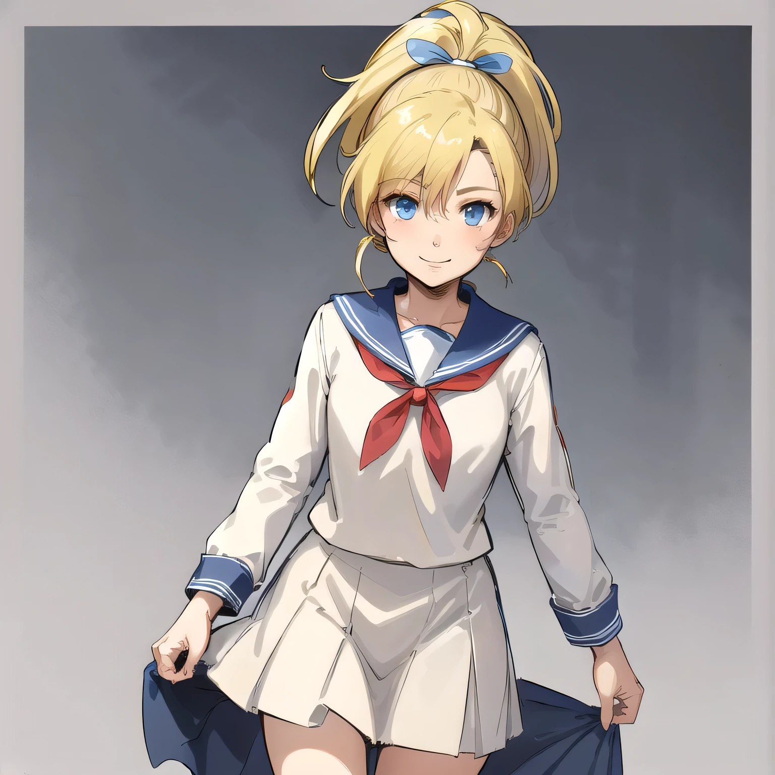 masterpiece,high quality,White Background,alone,
Elevian,One Girl,
Long Hair,High Ponytail,Hair Ribbon,bangs,blonde,Hair between the eyes,blue eyes,Long sleeve,Sailor suit,skirt,smile,View your viewers,Shyness