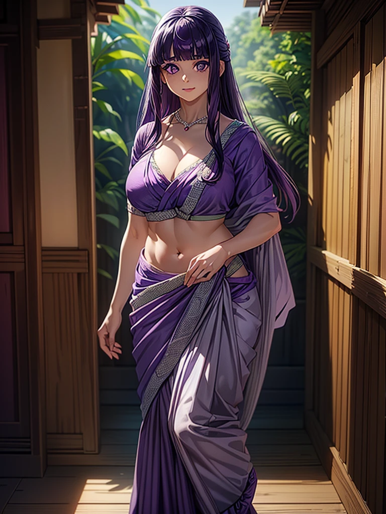 （8k, RAW photos, minino：1.1） ，female，（looki at viewer company），cowboy lens，Japanese，fern / (sousou no frieren\），（fullbody saree：1.1），La Brett Piercing，cleavage，(((purple saree)))，seductive smile，Be red on the face, full body photo, standing, lean, muscular legs, muscular belly,purple hair, long open hair, bangs, cleavage,purple eyes, huge breasts, shy pose, Professional lighting、photon mapping、physics-based rendering、dark theme，wearing wifs, jewellery and necklace, alone, extreme high quality, legs covering saree