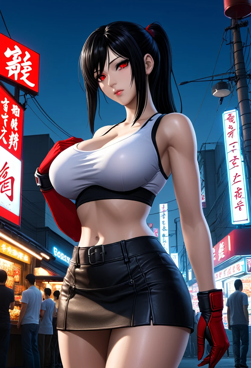 Tifa lockhart, tifa_lockhart,  ff7, sultry face, (white tank top:1.2), black miniskirt, (black long hair), hair bangs (red eyes:1.3) long eyelashes, beautiful red eyes with brightness, surrealism, shadow, stereogram, (photorealistic, realistic: 1.2), POV, atmospheric perspective, cinematic lighting, ray tracing, 8k, super detail, best quality, masterpiece, well detailed, cyberpunk, neon, neon signs, ramen shops, (huge breasts:1.5) red gloves