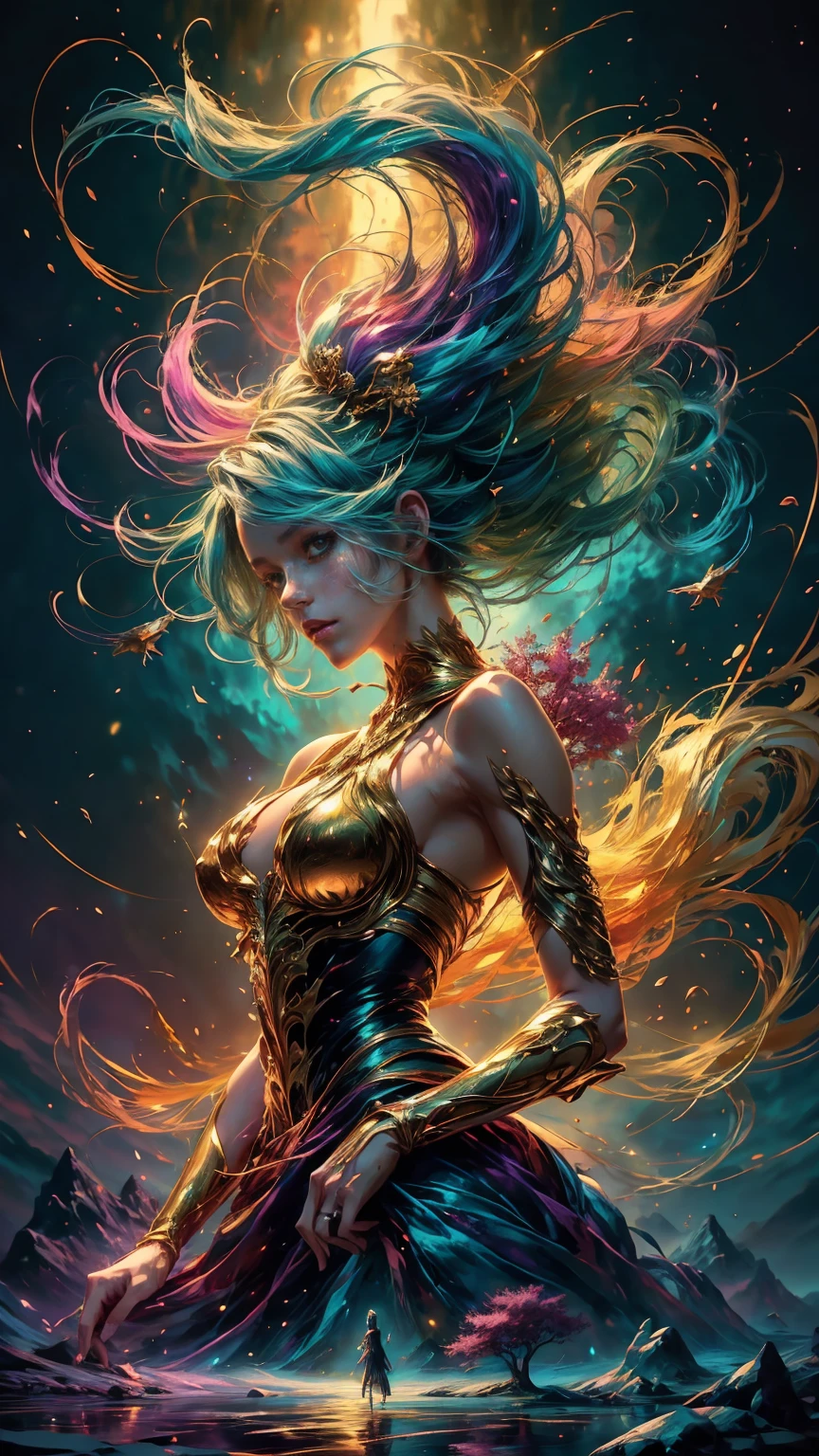 A beautiful Woman, anime style. walking through a vibrant wonderland. The playful scene is captured in a digital painting, showcasing the woman's rainbow mane and sparkling, golden horn. Every tree and mountain in the landscape is meticulously rendered, from the sugary trees to the gumdrop mountains, creating a visually stunning and immersive world. The overall effect is a delightful blend of fantasy and nostalgia, solarpunk, fantasy anime. 2.5D style anime, close-up, fine quality silver eyes, eyes looking at the camera, ultra detailed, Beautiful and aesthetically pleasing, masterpiece, Best quality score, Extremely detailed , dynamic angle, raytraced, middle body, close up, high view, particles and soft lights,