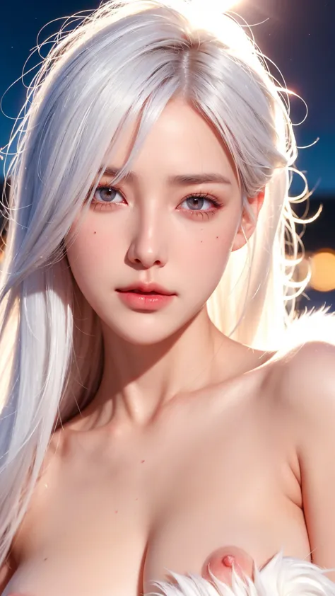 realistic, 1 woman, white hair, Crimson eyes, shining eyes, naked+pubic hair((white fur)), Chapped lips, Blush, at night, flower...