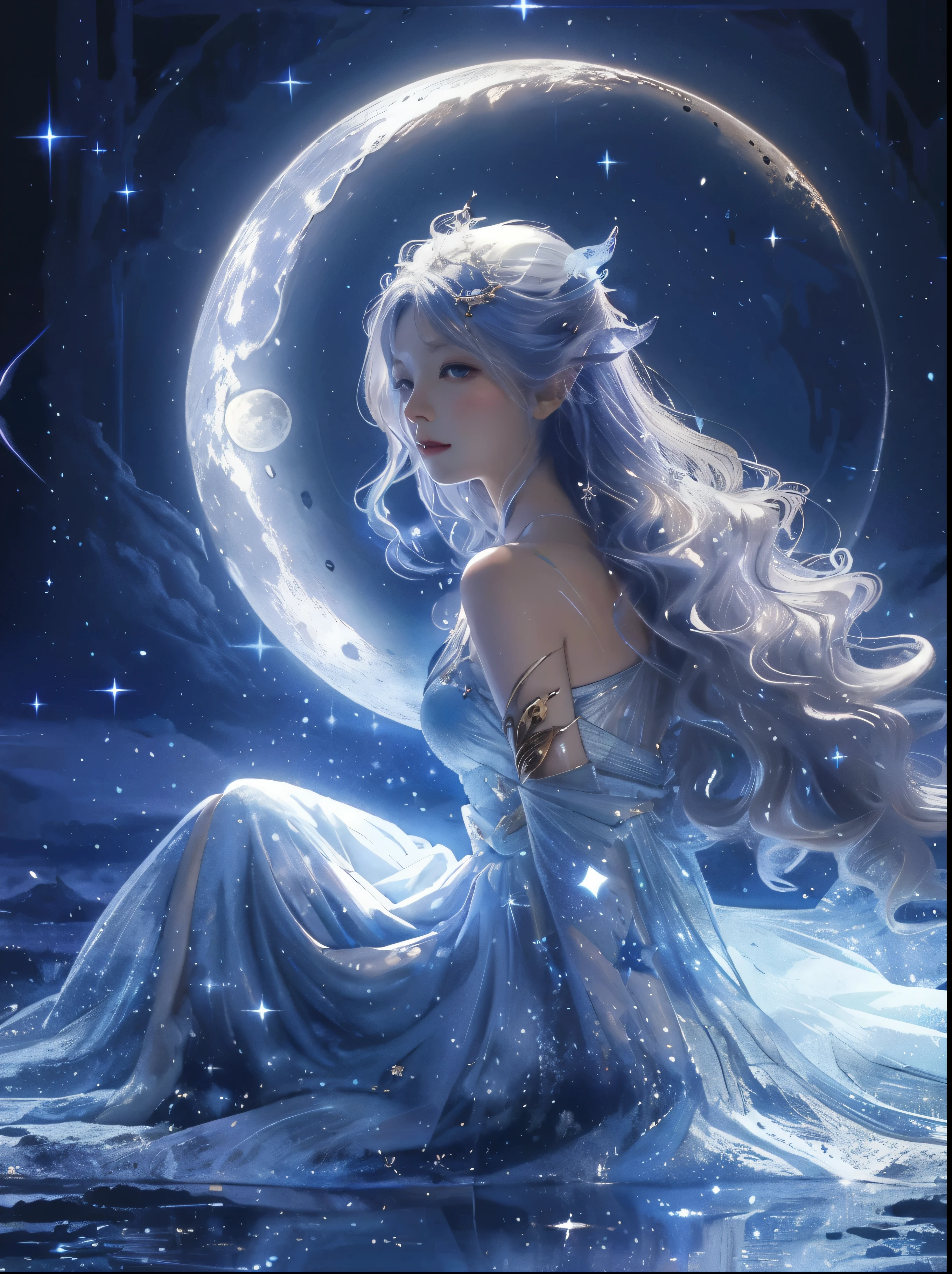 Uma mulher de vestido sentada na lua，O fundo é uma estrela, etéreo fantasy, etéreo beauty, etéreo fairytale, Estilo de arte de fantasia, Beleza Fantasia, lindo mago celestial, Fada Celestial, bela arte de fantasia, muito mágico e sonhador, Deusa Lua, estética das fadas, etéreo and dreamy, etéreo!!!, Estética de fantasia, Fantasia Xianxia, Deusa Lua