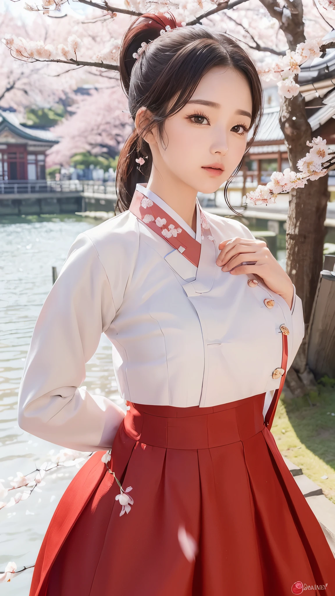 (best quality, 8K, masterpiece: 1.3), ((((((Incredibly huge breasts: 0.8))))), ponytail, hairpin, (beautiful face:1.3), Cherry blossoms are in full bloom, full of cherry blossoms, floating cherry blossom petals, very cool, authentic hanbok, Red skirt