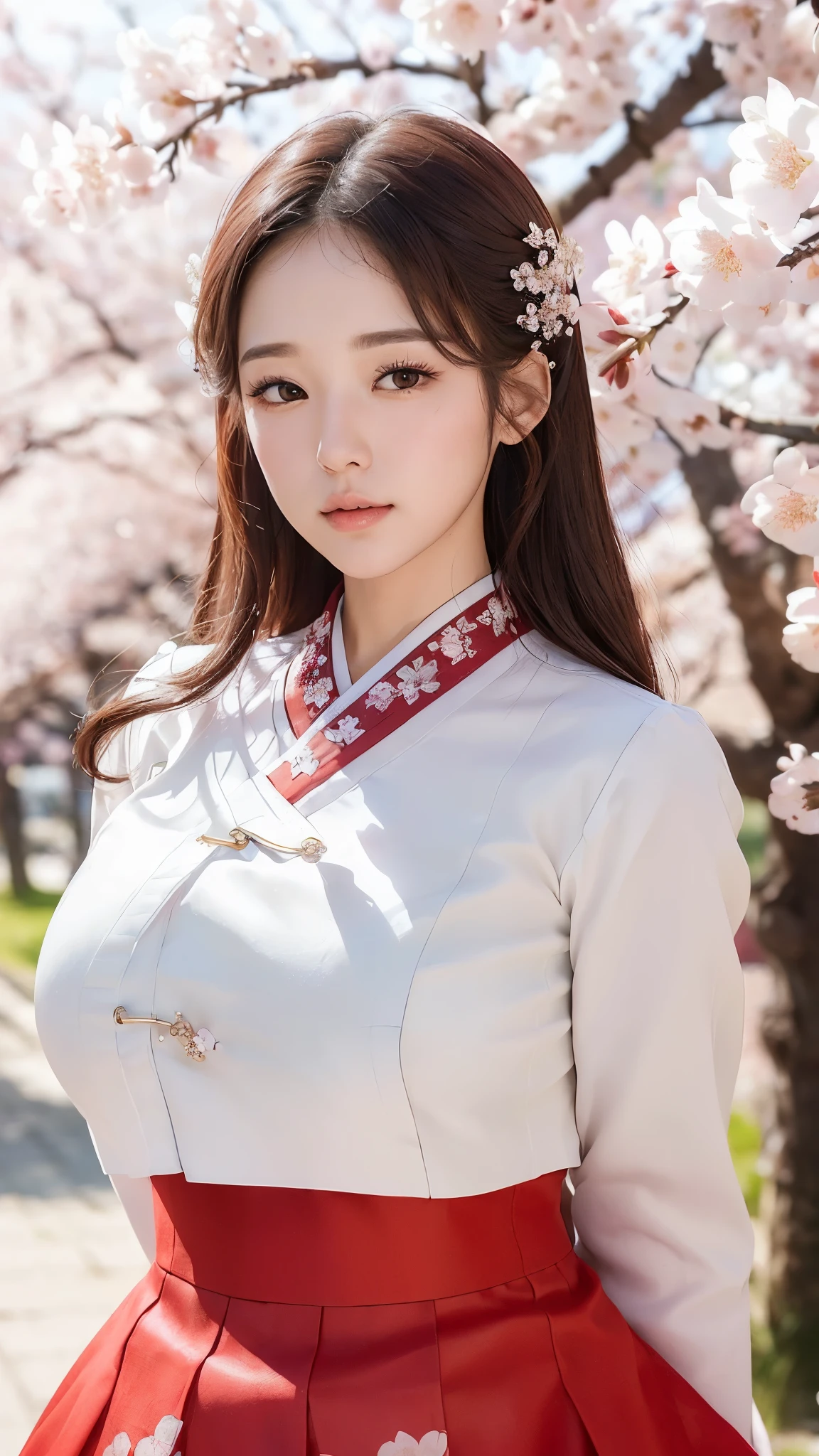 (best quality, 8K, masterpiece: 1.3), ((((((Incredibly huge breasts: 0.8))))), hairpin, (beautiful face:1.3), Cherry blossoms are in full bloom, full of cherry blossoms, floating cherry blossom petals, very cool, authentic hanbok, Red skirt