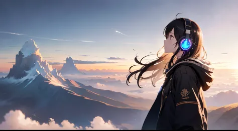 absurdres, highres, (official art, beautiful and aesthetic:1.2), close view, shining sky, vast world, girl, Wear headphones, gaz...