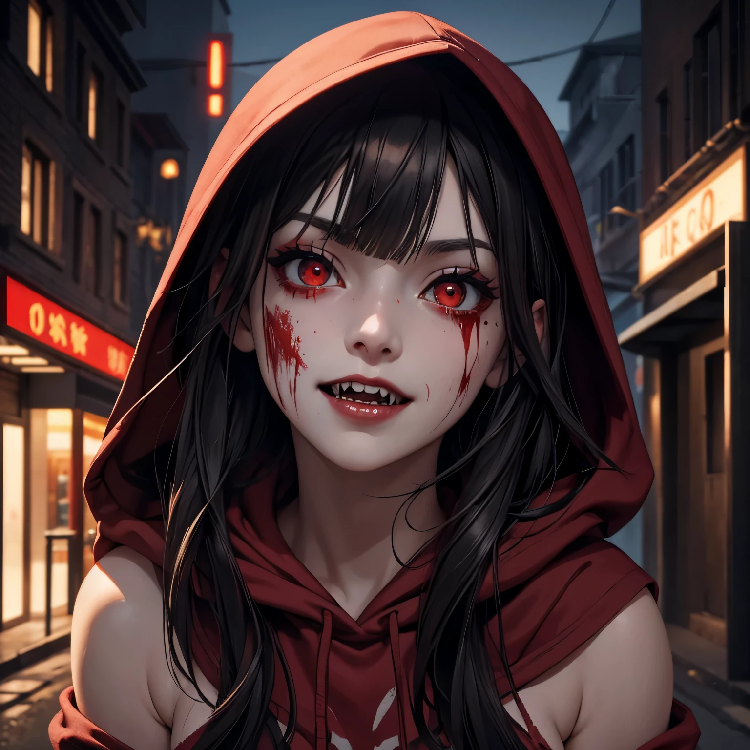 a girl, big eyes, bright eyes, red pupils, black hair with red tips, short messy hair with long sides, medium breasts, wearing a black hooded sweatshirt, hood over her head, on a dark street, Leaning against the wall, Looking to the viewer, devilish smile with the mouth wide open showing its sharp teeth, (((blood dripping from the mouth))), ((likes blood on the cheek)), blood dripping down the body, ((realistic blood)), lighting public, lights up the street, lipstick, eye shadow, left arm covered in tattoo, beautiful girl, perfect body beauty: 1.4, symmetrical face with harmonious features, authentic skin texture, masterpiece, best quality, cinematic lighting, textured skin, anatomically correct, high detail, realism, high resolution, 8k wallpaper unit, depth of field, PSYCHOPHONKY
