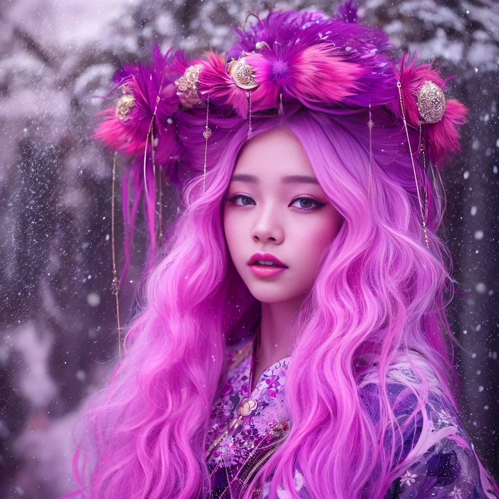 Snow hoop exclusion area 32K（tmasterpiece，k hd，hyper HD，32K）Long flowing purple-pink hair，Autumn Pond，zydink， a color， Tongzhou people （Girl with glowing eyes）， （Thin silk scarf）， Combat posture， looking at the ground， long purple-pink hair， Floating hair， Python headdress， Chinese long-sleeved clothing， （abstract ink splash：1.2）， white backgrounid，Lotus protector（realisticlying：1.4），Purple-pink hair，Snowflakes fluttering，The background is pure， A high resolution， the detail， RAW photogr， Sharp Re， Nikon D850 Film Stock Photo by Jefferies Lee 4 Kodak Portra 400 Camera F1.6 shots, Rich colors, ultra-realistic vivid textures, Dramatic lighting, Unreal Engine Art Station Trend, cinestir 800，Long flowing purple-pink hair（（（spring）））