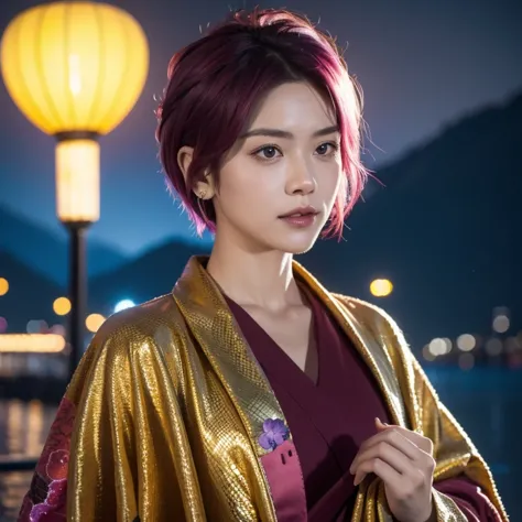 32k gradient glass texture（masterpiece，HD，Ultra HD，32k）Short Burgundy Hair，flowing short hair，Onsen District，Flame Girl ，Yao Lan...