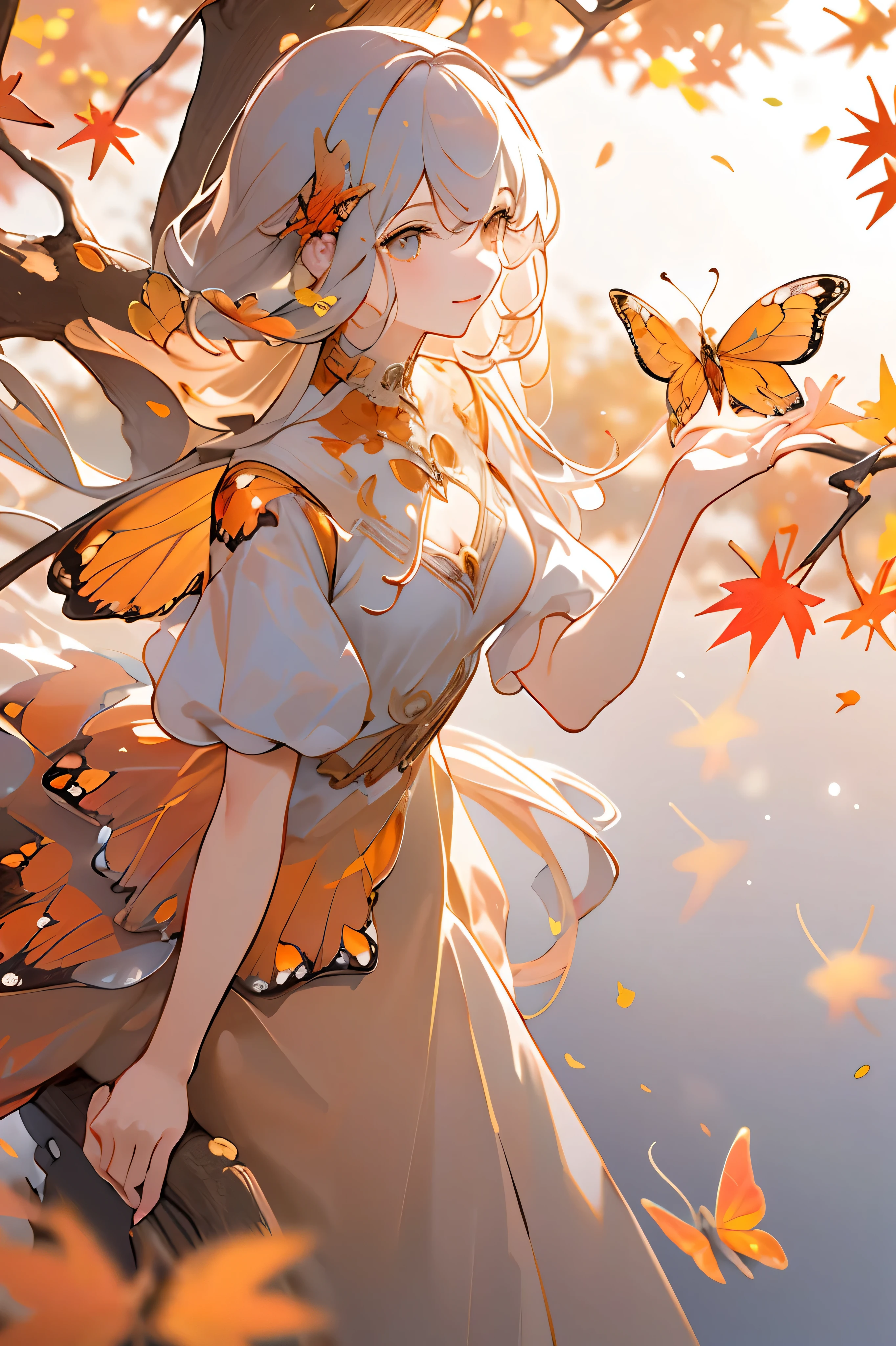 (Obra-prima, Melhor qualidade, alta calidad, alta resolução, ultra detalhado), paisagem de outono, Folhas caindo, cor quente. 1 garota com asas de borboleta laranja, lindo, bonito,Vestido laranja, de pé