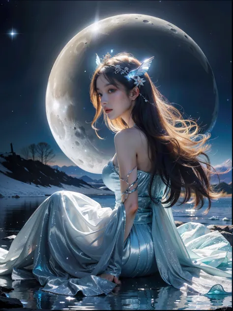 Close-up of a woman in a dress sitting on the moon, Fantasy art style, Moon Goddess, Moon Goddess, Beautiful Celestial Mage, Moo...