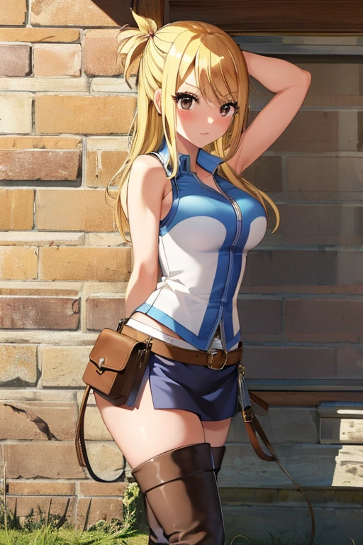 (masterpiece, best quality:1.2), solo, 1girl, lucy heartfilia, blushing, looking at viewer, arms behind back, blue sleeveless shirt, miniskirt, belt pouch, thigh boots, ((standing 1.2))