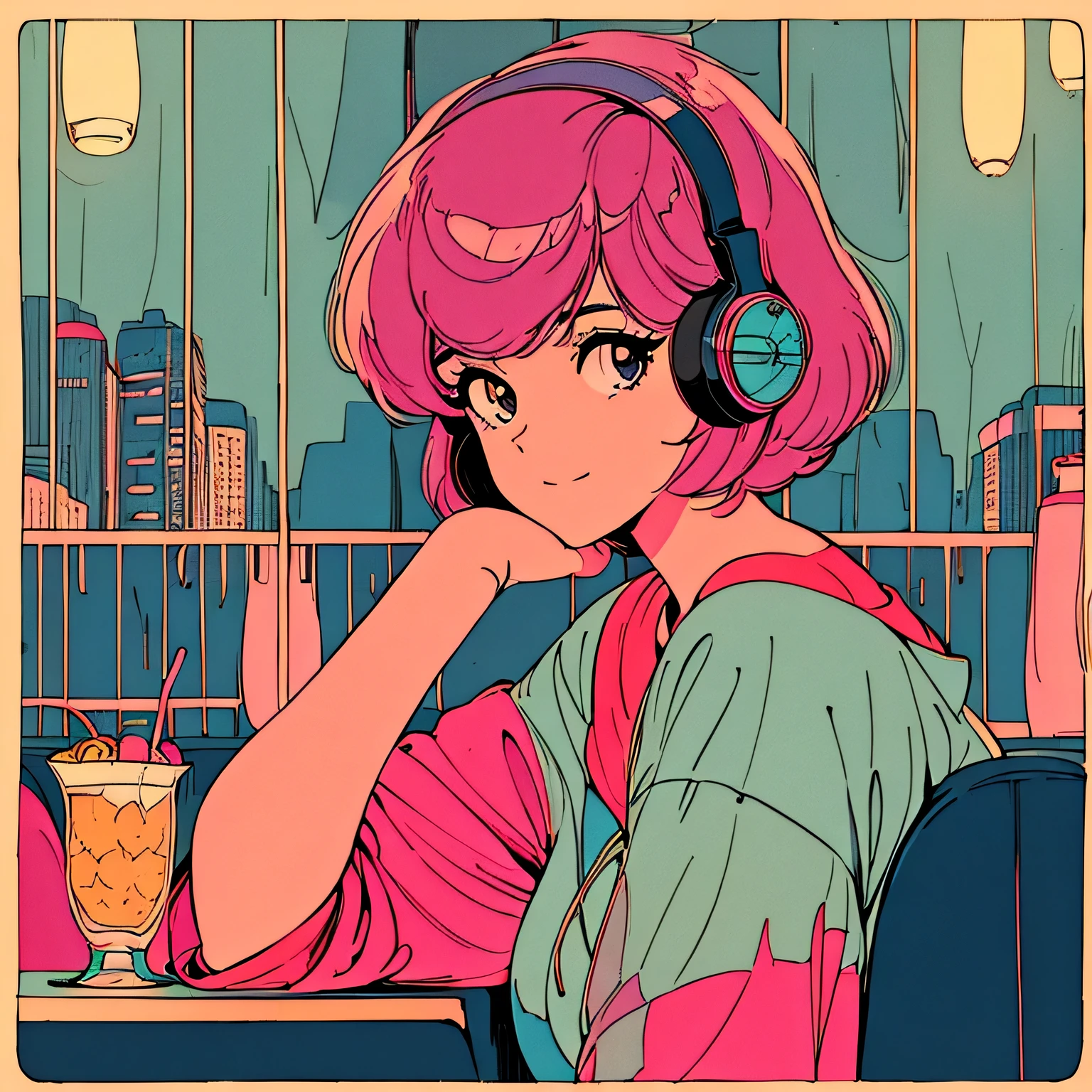 master piece, City Pop style, Pink Hair, fluffy bob cut, wearing headphones, shoulder length, alone, Futuristic, yet, lofi, retro, vintage, Ghost, light smile, 
drinking cocktails at a jazz bar, (( wide shot)), ((rainy day))