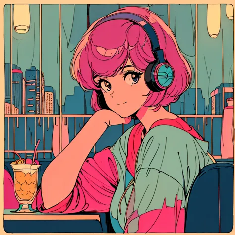 master piece, city pop style, pink hair, fluffy bob cut, wearing headphones, shoulder length, alone, futuristic, yet, lofi, retr...