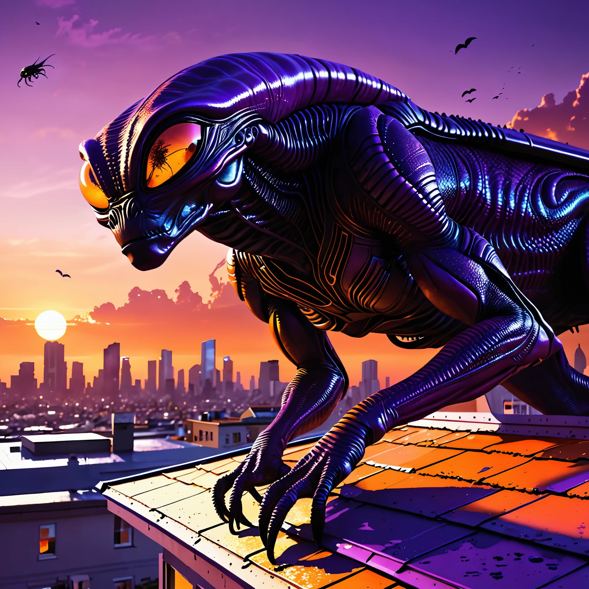 Alien creatures hiding on rooftops at sunset,separated from their spaceship,avoiding search parties,illustrated,highres,(realistic:1.37),mysterious dark shadows,camouflaged scales,glowing eyes,sharp claws,tense body language,urban landscape,sci-fi concept artists,orange and purple color palette,dramatic lighting